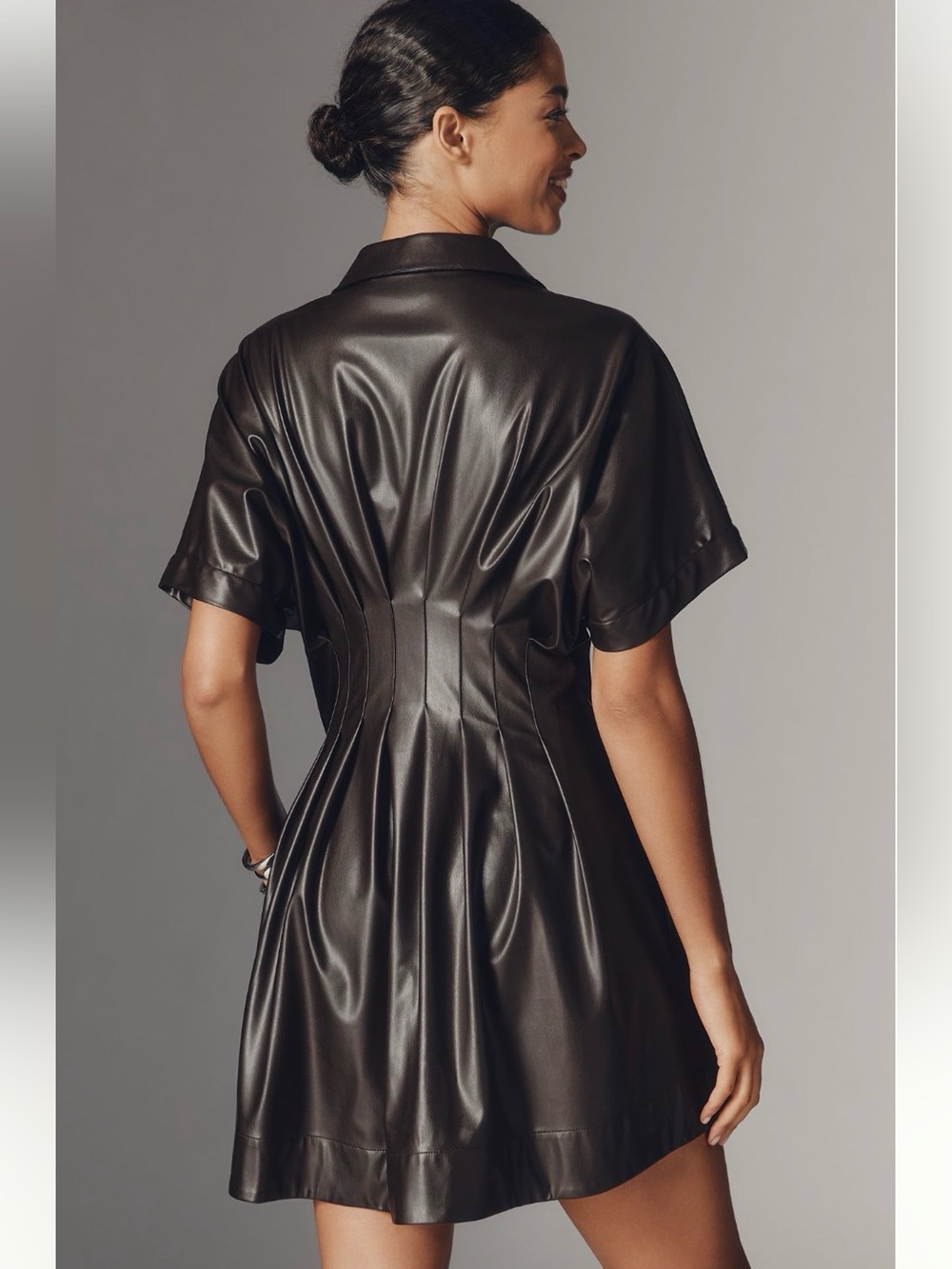 Anthropologie Western Glam Exquise Faux Leather Mini Shirt Dress NWT M Brown - Picture 6 of 10